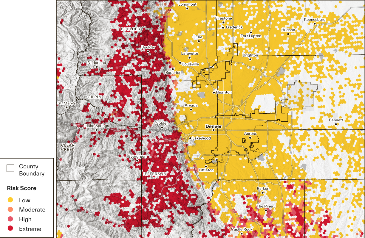 map of residential properties and their wildfire risk score in the Denver, Colorado Metropolitan Area 