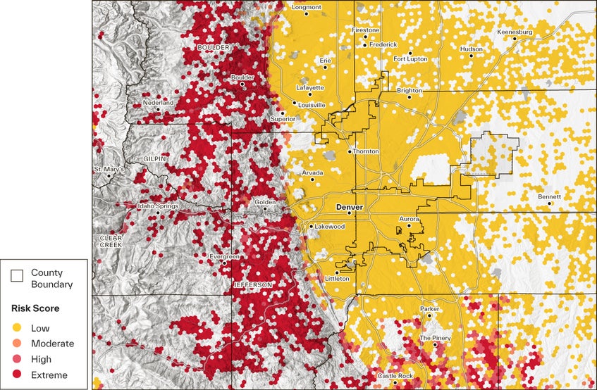 map of residential properties and their wildfire risk score in the Denver, Colorado Metropolitan Area