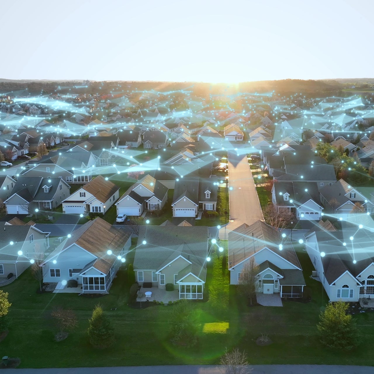 Aerial view of a neighborhood with dots and lines connecting each house.