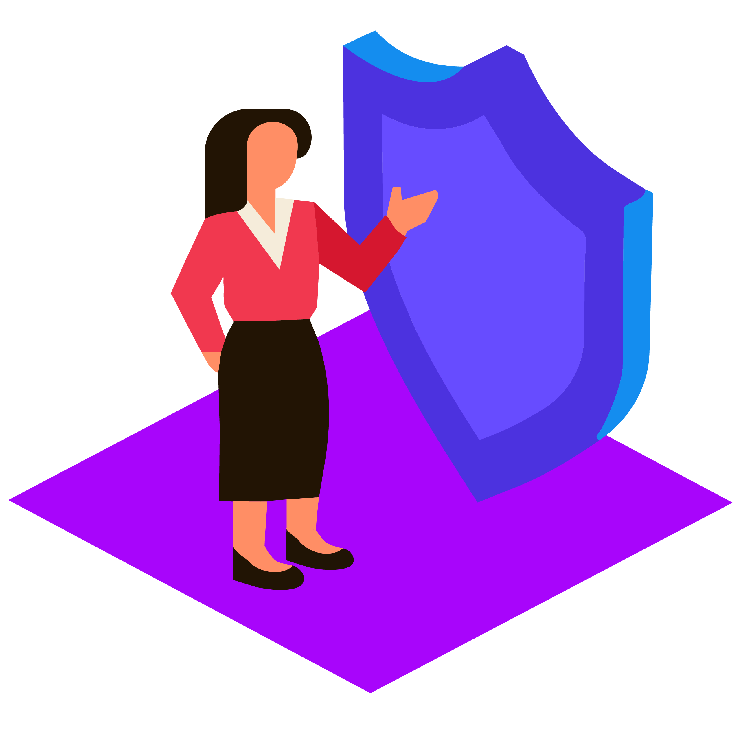 An illustration of a businesswoman gesturing towards a large shield.