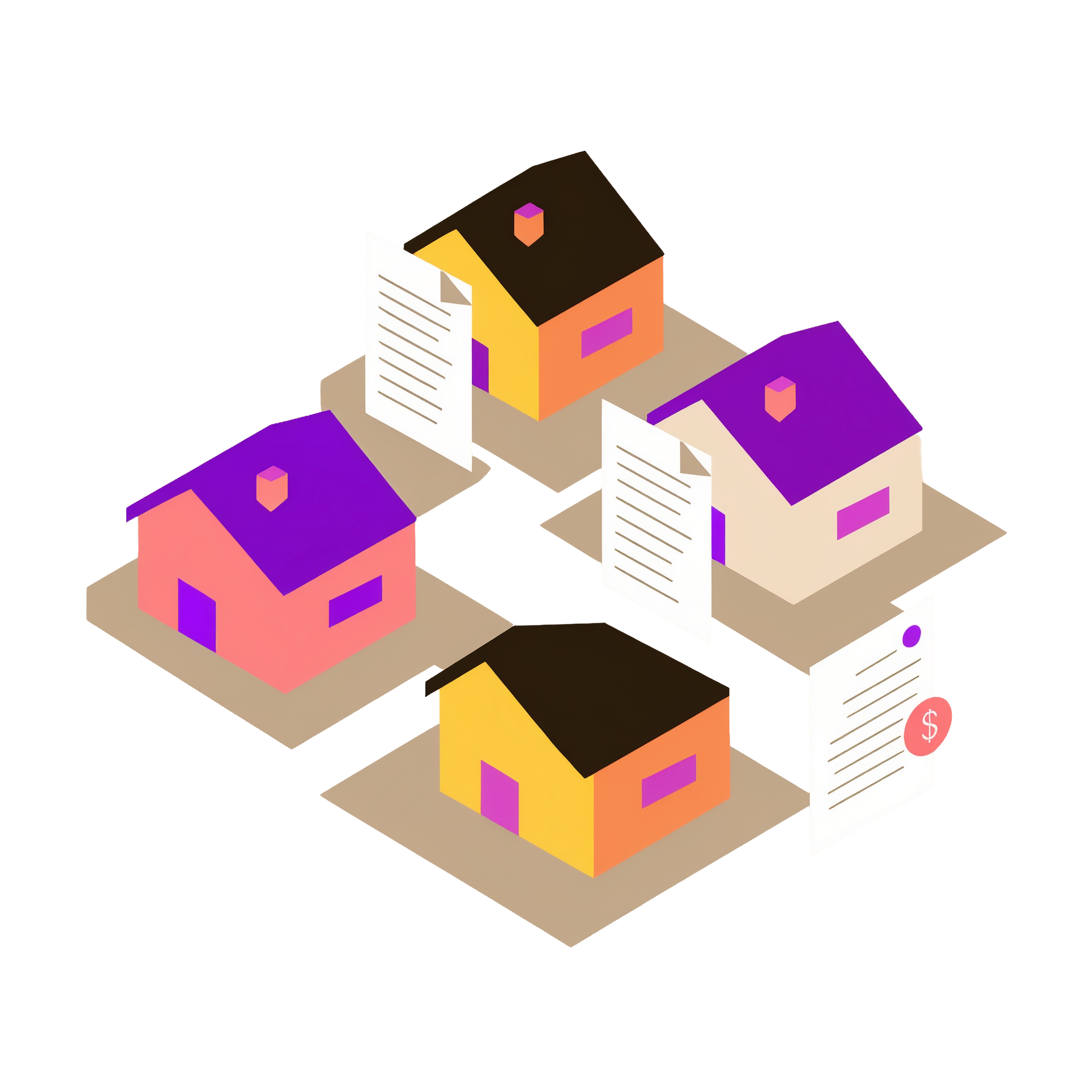 An illustration of four houses with mortgage documents in front of them. 