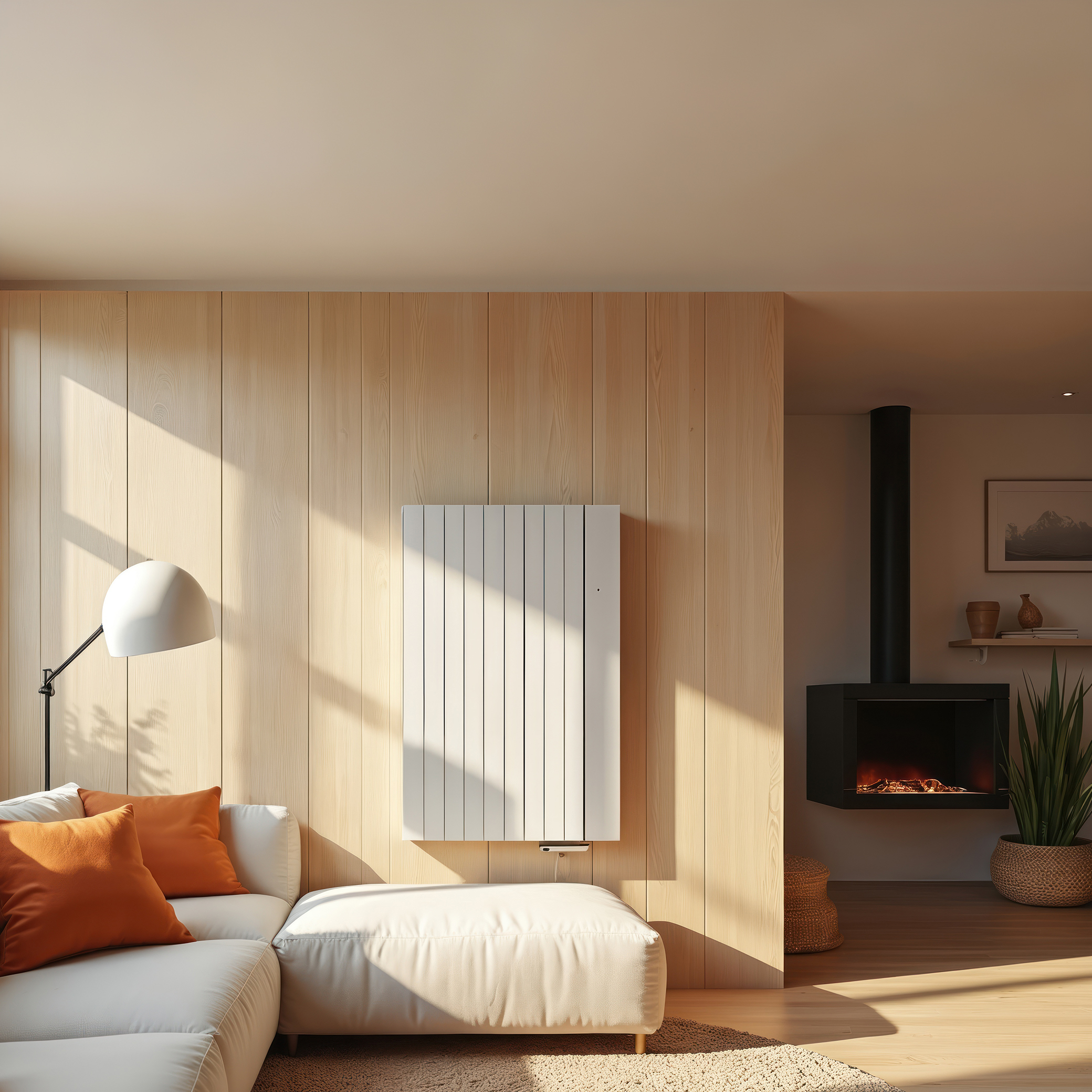 Modern living room with a wall-mounted electric heater and a contemporary fireplace, highlighting indoor fire risk factors.