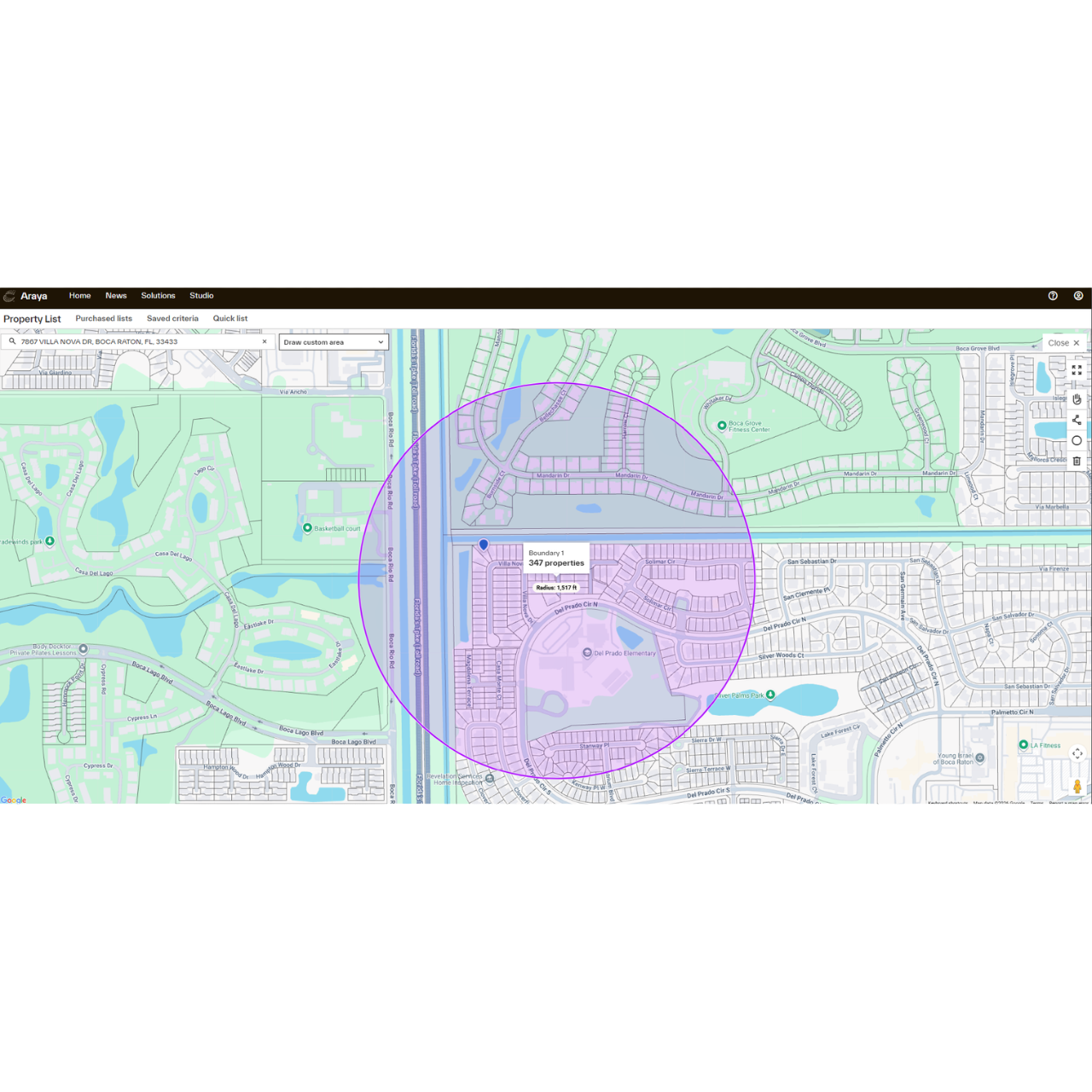 A screenshot of the Property List interface on Araya.