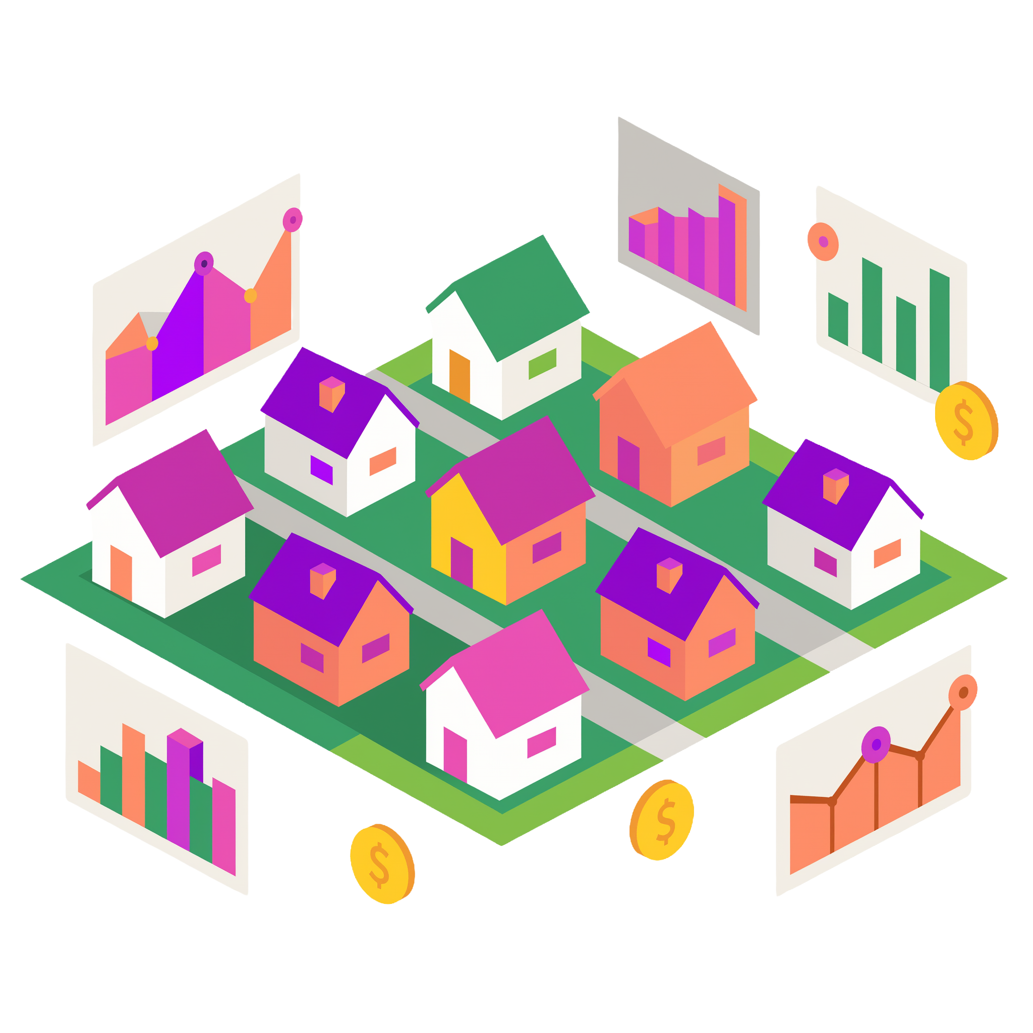 Illustration of houses surrounded by graphs