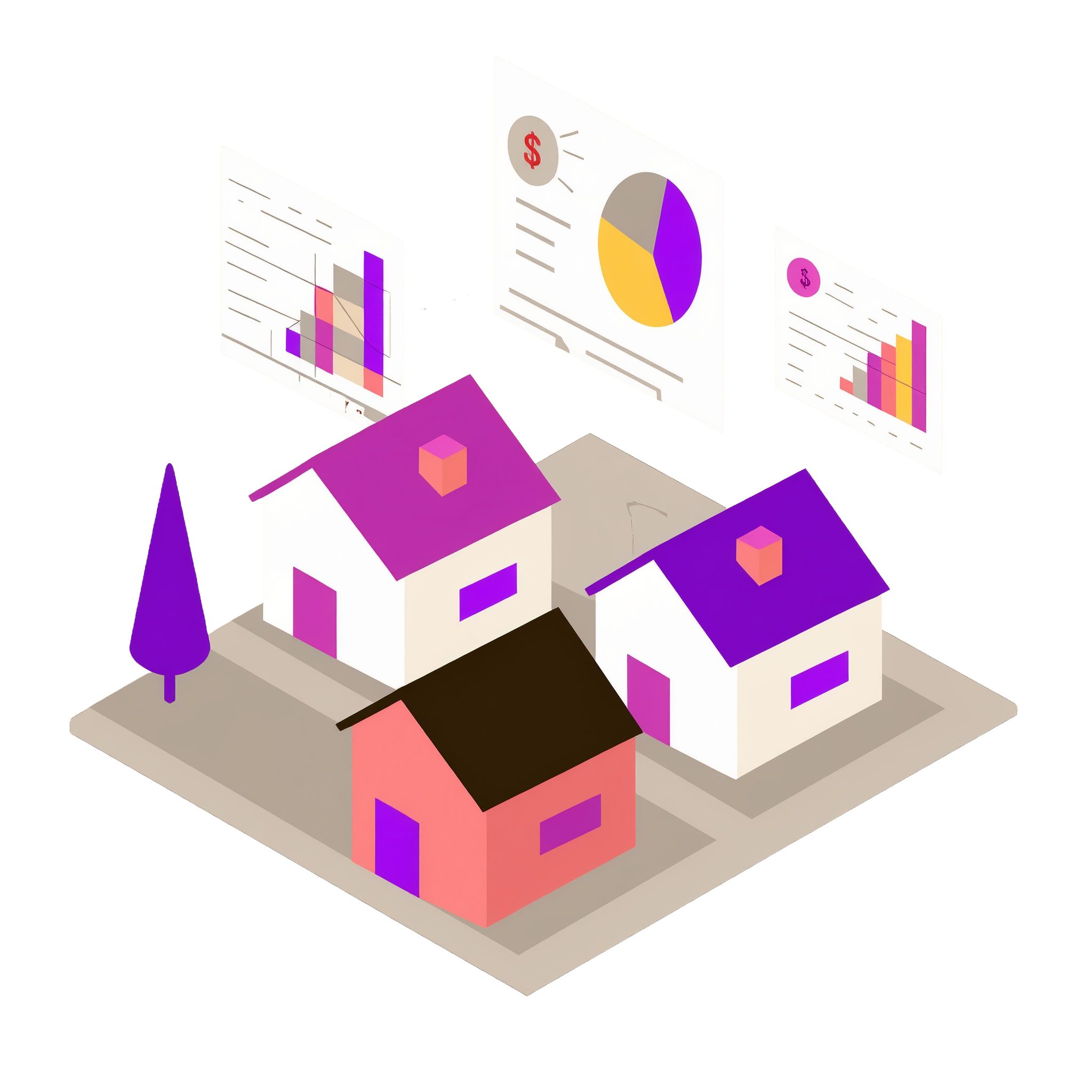 An illustration of a neighborhood with home price charts and graphs above the houses signaling home price forecasts.