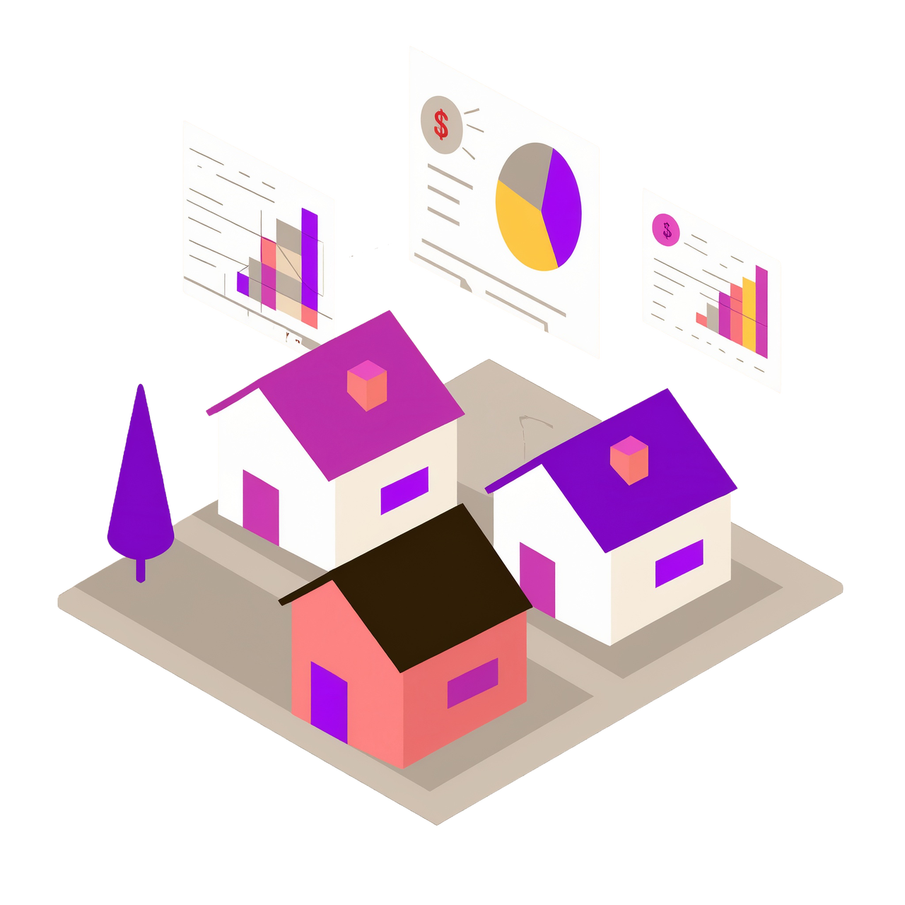 An illustration of a neighborhood with home price charts and graphs above the houses signaling home price forecasts.