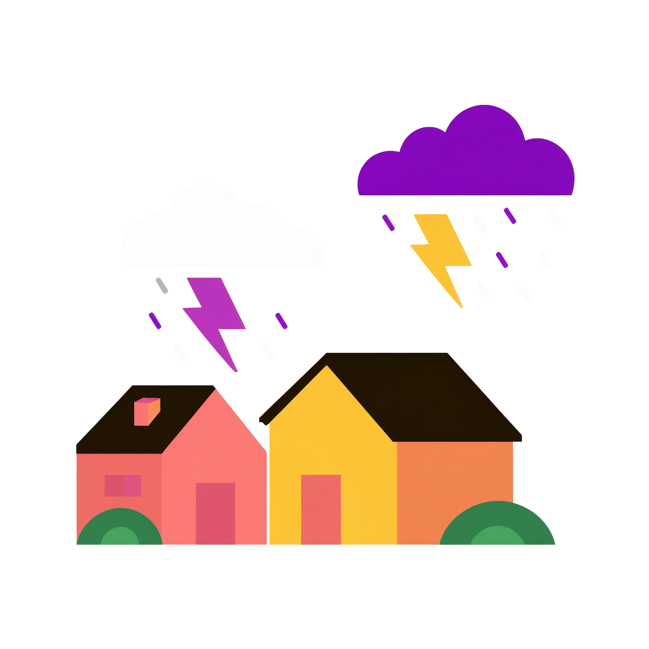 An illustration of two houses with thunderclouds raining down on them showing climate risk.