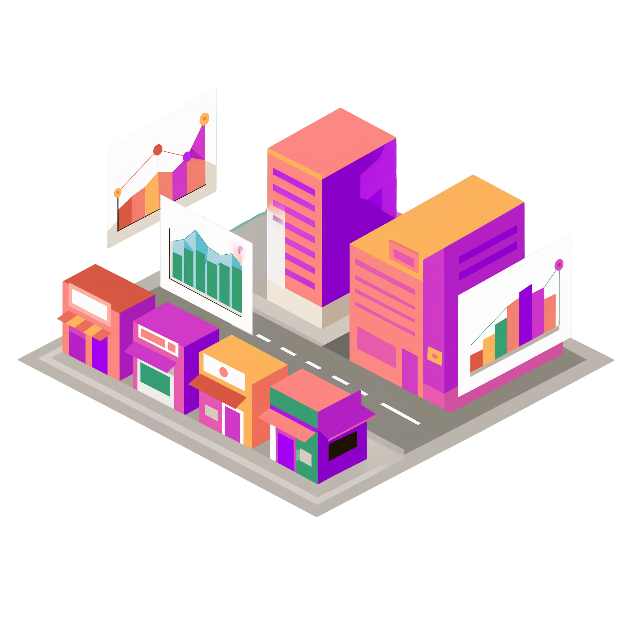 An illustration of retail shops and business buildings with charts and graphs displaying firmographics data.
