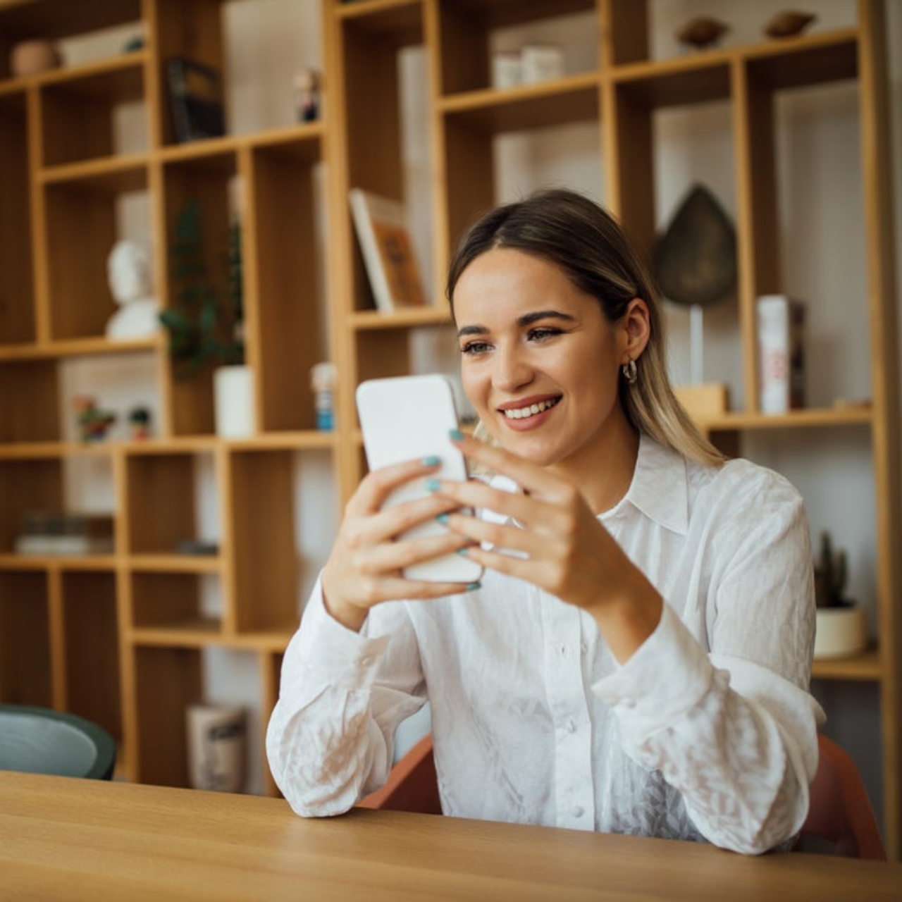 Woman smiling and looking at the OneHome search on her phone