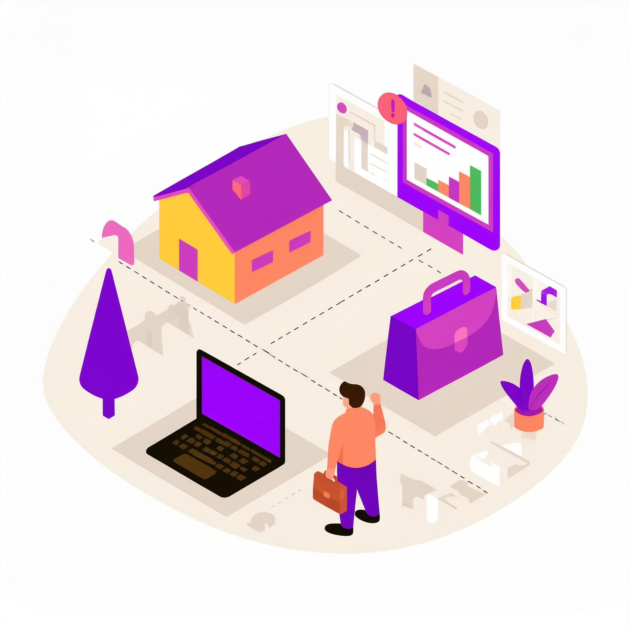 Illustration of a house, laptop, and a man with a briefcase indicating neighborhood employment data.