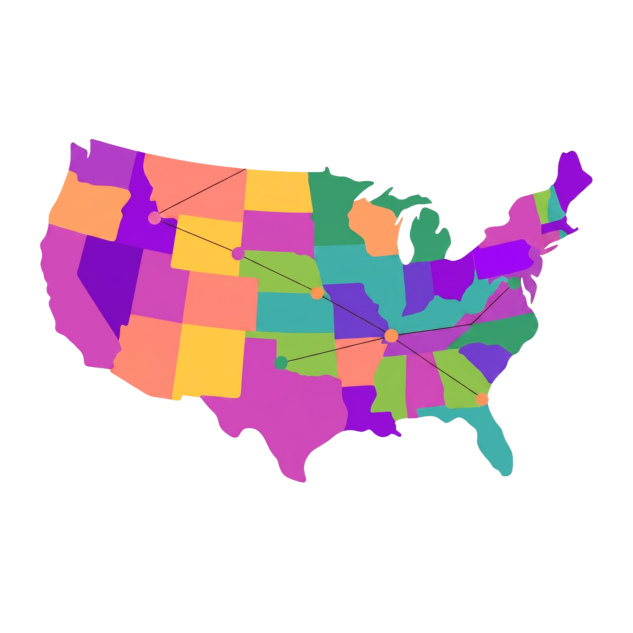 An illustration of the continental United States with lines and dots showing infrastructure planning.