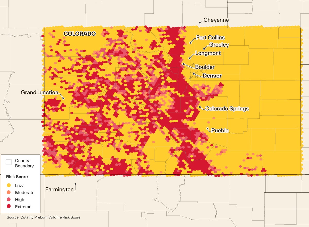 map of residential properties and their wildfire risk score in Colorado