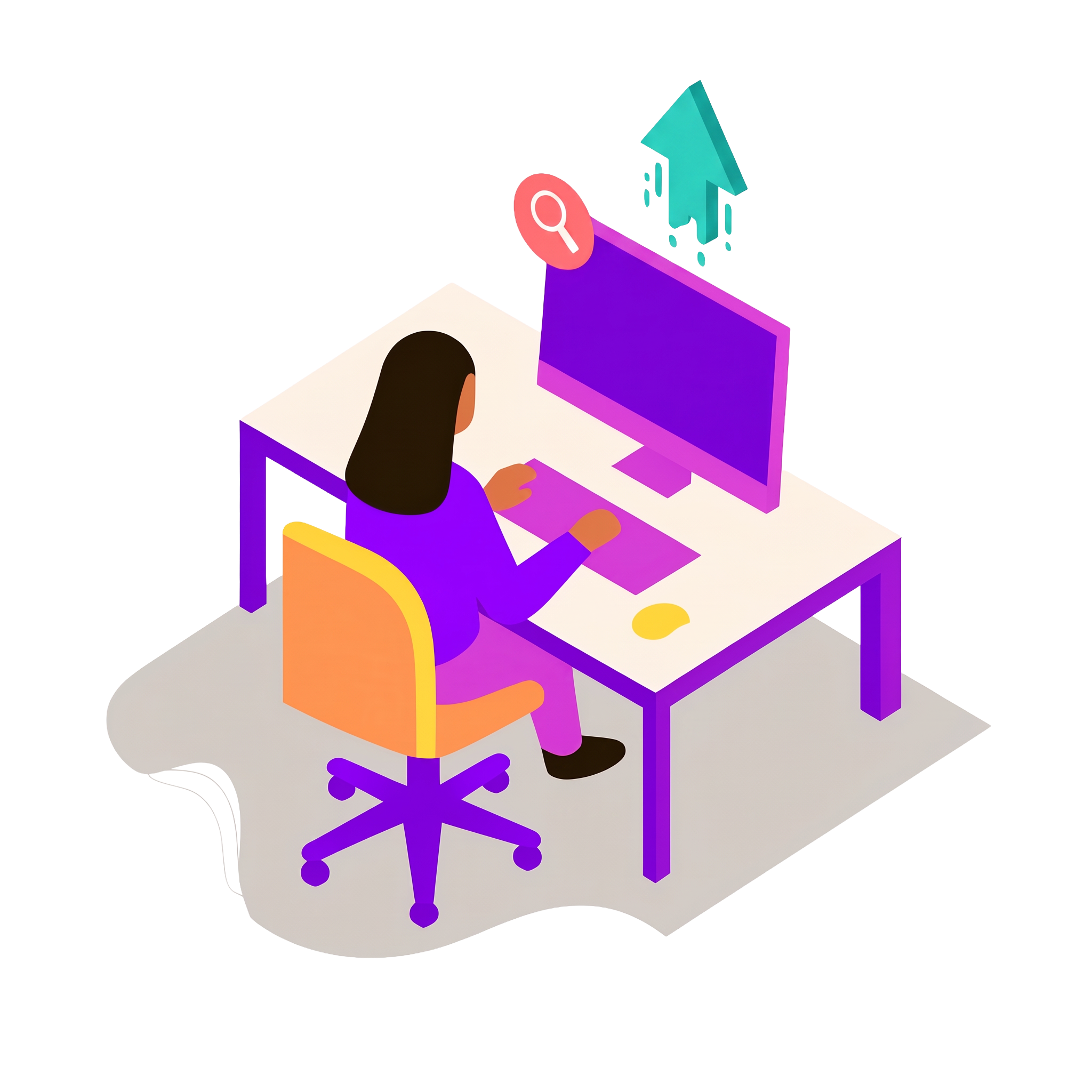 A graphic of a woman sitting behind a computer with a search icon and an up arrow displayed.