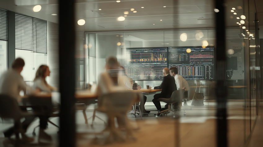 A group of people in a meeting looking at screens displaying charts