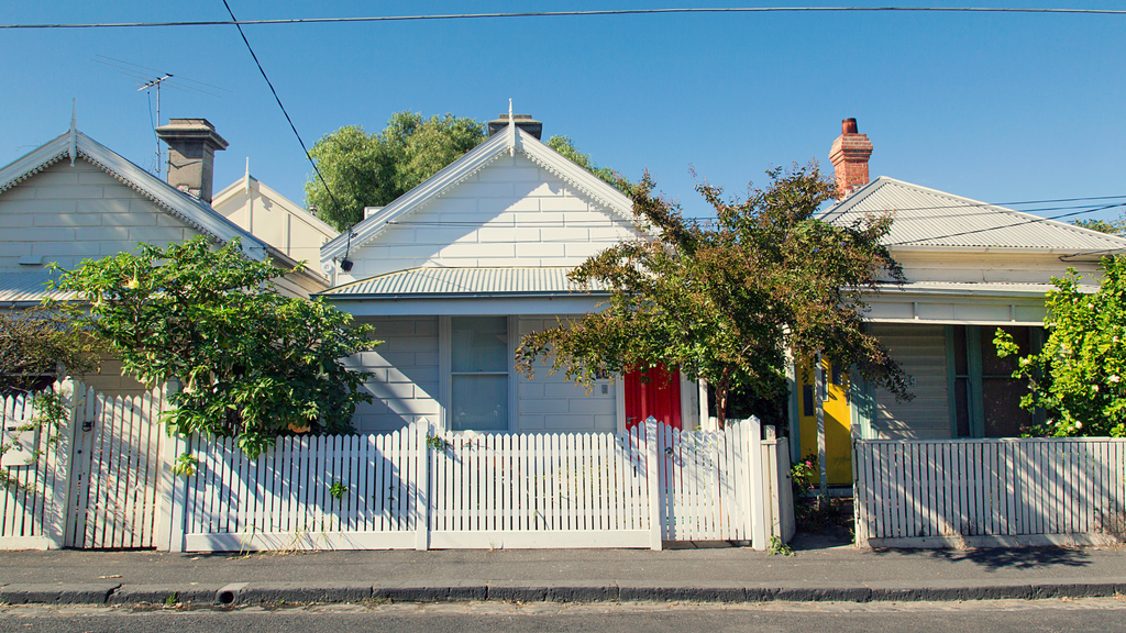 Line of white row houses