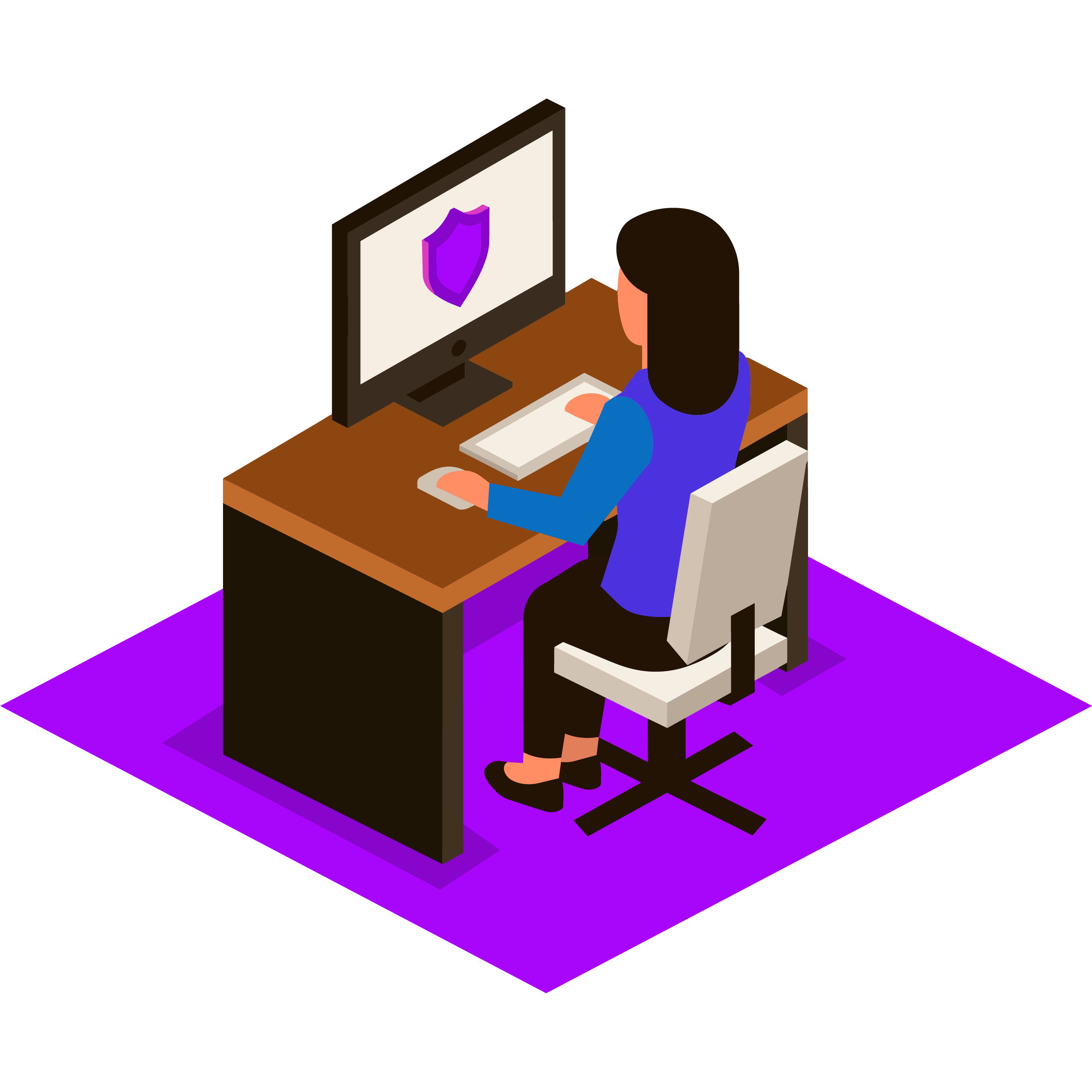 Illustration of a woman sat at a desk with a computer looking at a shield on the monitor