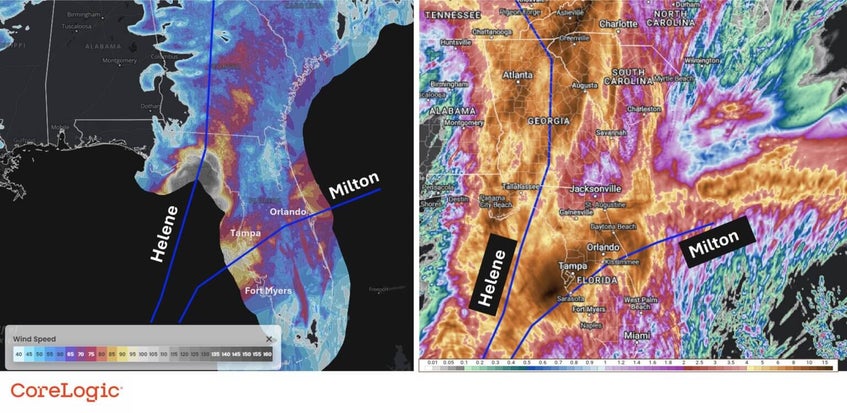 Overlap of Hurricane Helene and Milton peak wind gusts