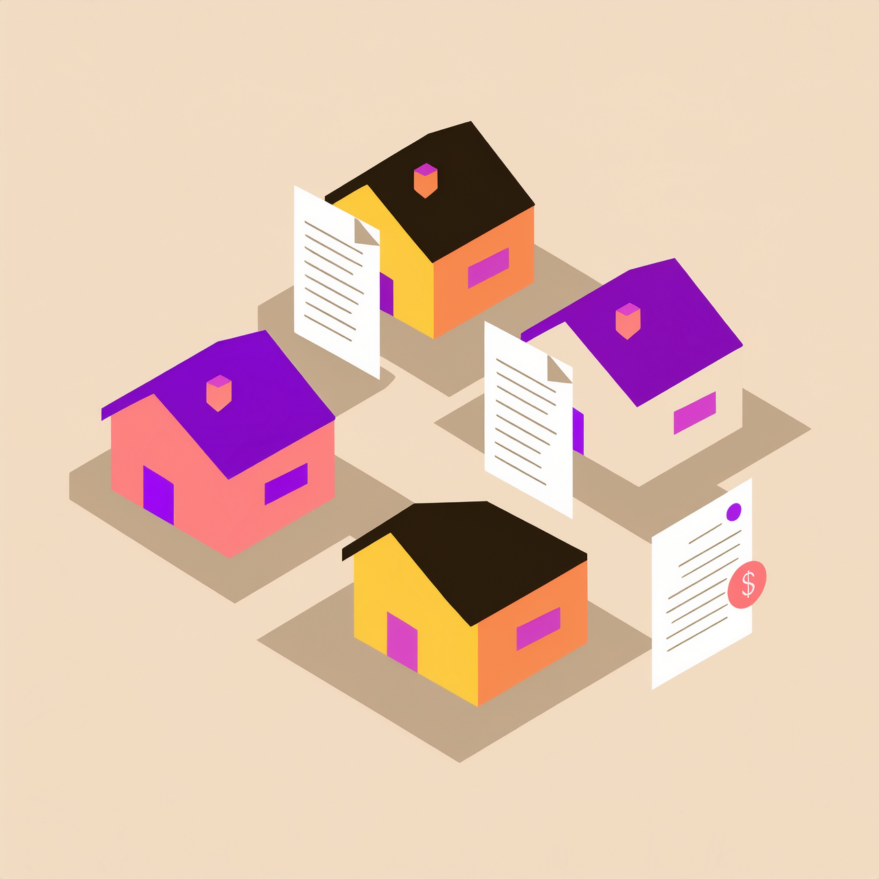 An illustration of four houses with mortgage documents in front of them.