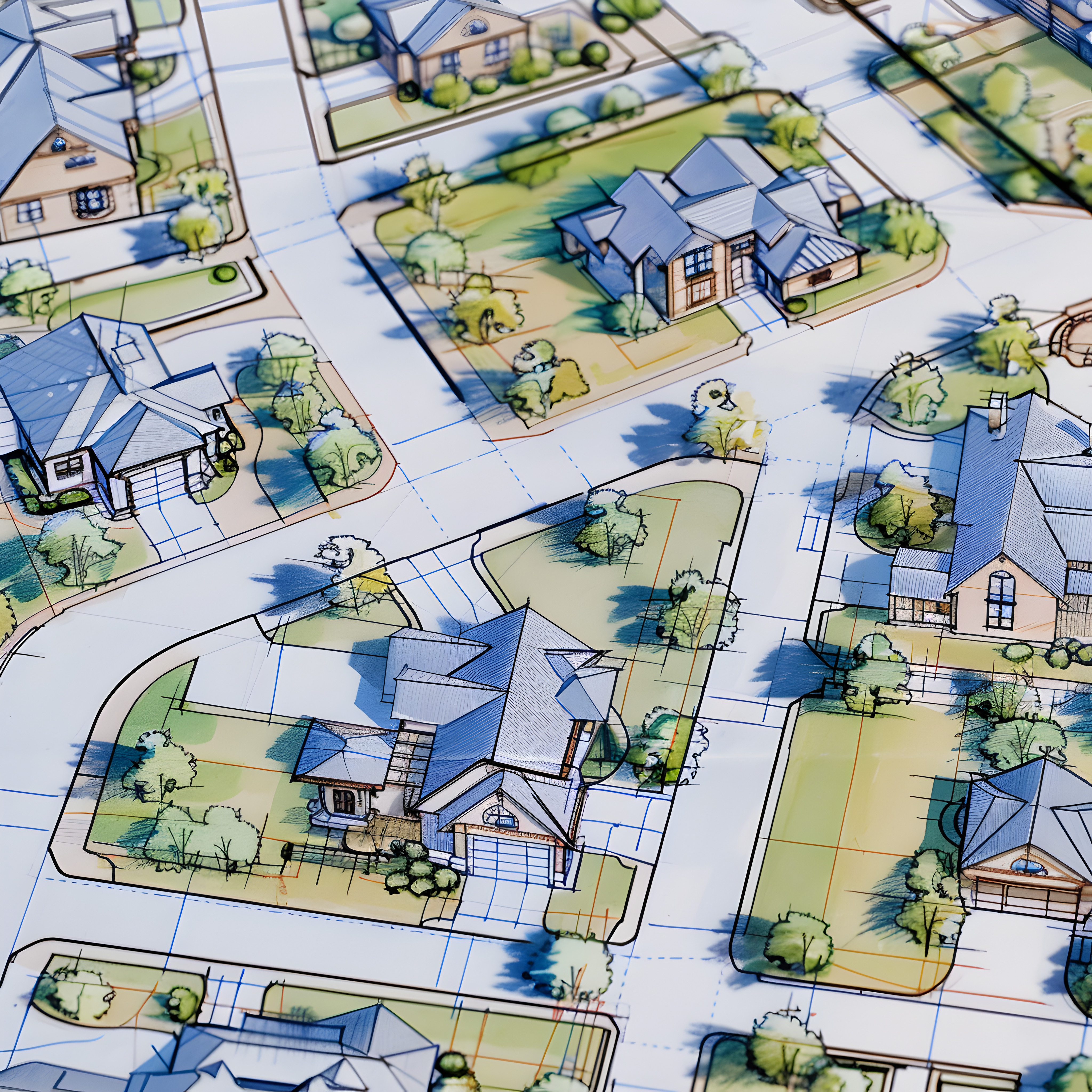 Stylized 3D architectural illustration of a suburban neighborhood layout showing residential houses, driveways, and green lawns mapped out on a grid.