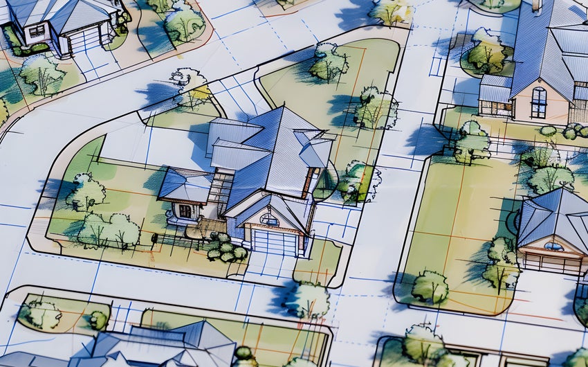 Stylized 3D architectural illustration of a suburban neighborhood layout showing residential houses, driveways, and green lawns mapped out on a grid.