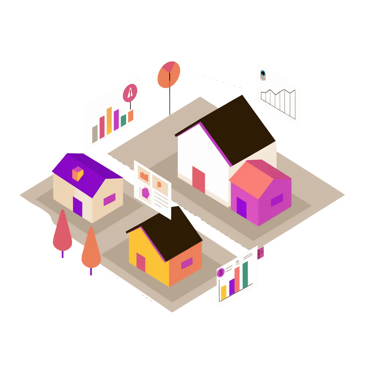 An illustration of three houses with spatial charts and graphs around the houses indicating spatial analytics.