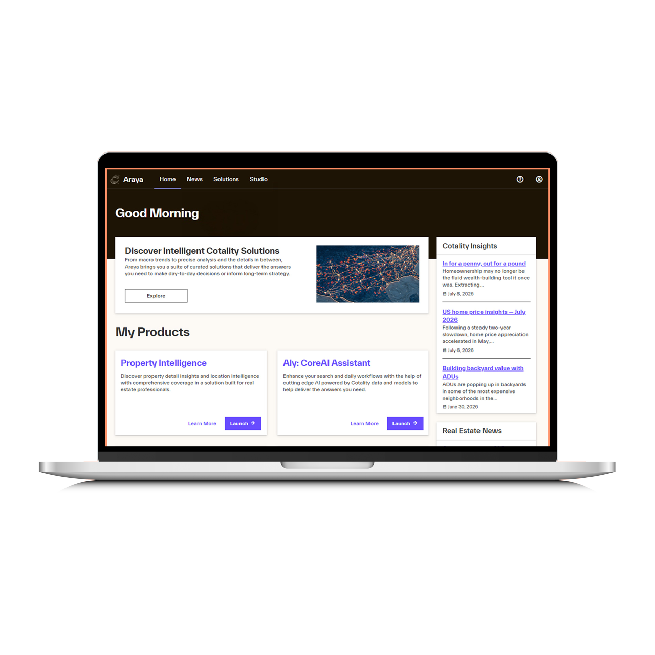 The Araya main page on the Cotality website showing property data tools.