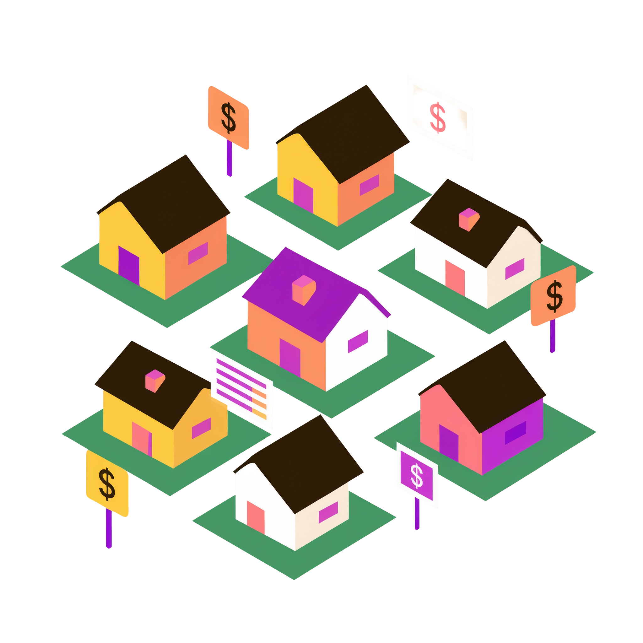An illustration of a neighborhood with houses having signs with dollars on them indicating listing trends.