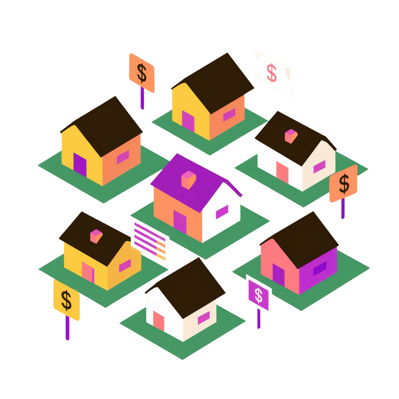 An illustration of a neighborhood with houses having signs with dollars on them indicating listing trends.