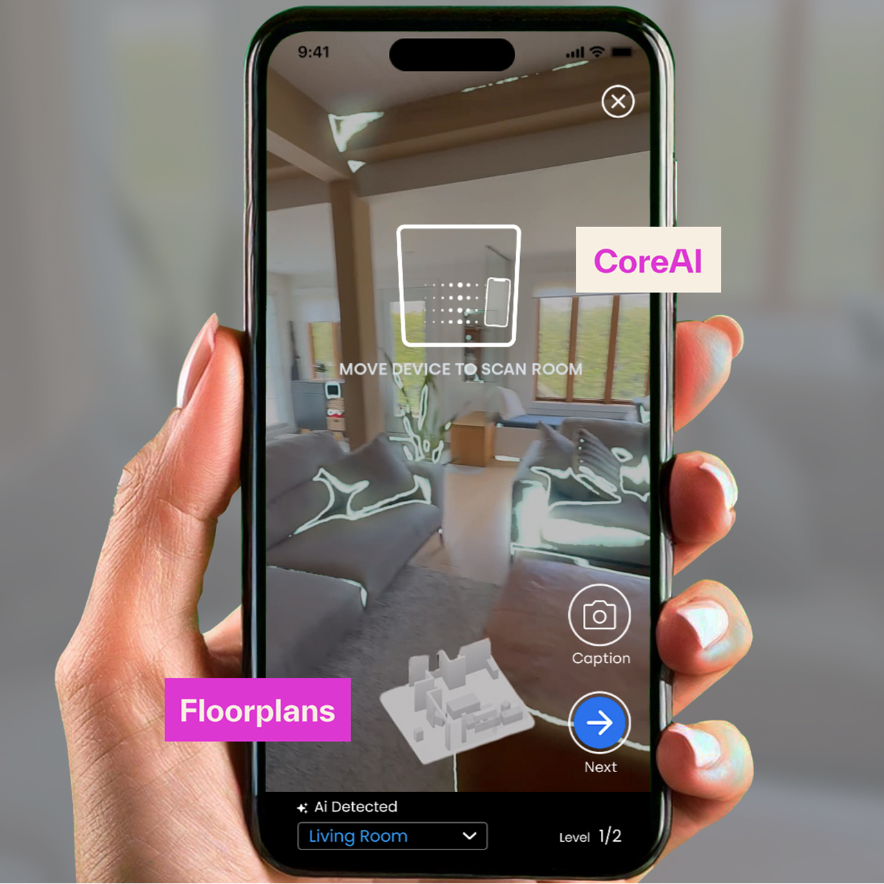 A screenshot on a device highlighting the capabilities to generate floor plans with CoreAI