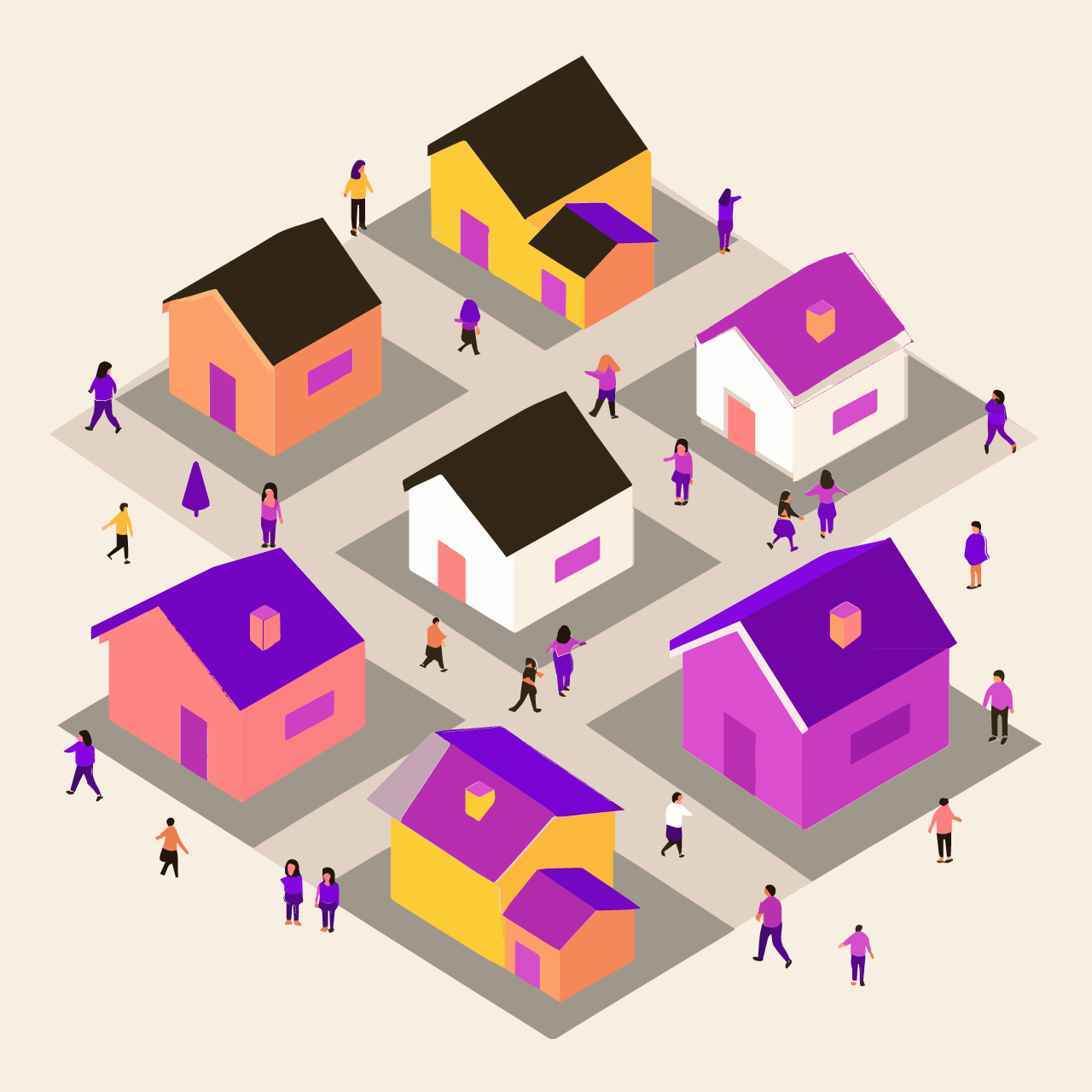 Illustration of a neighborhood with diverse people walking around on the streets indicating different demographics.