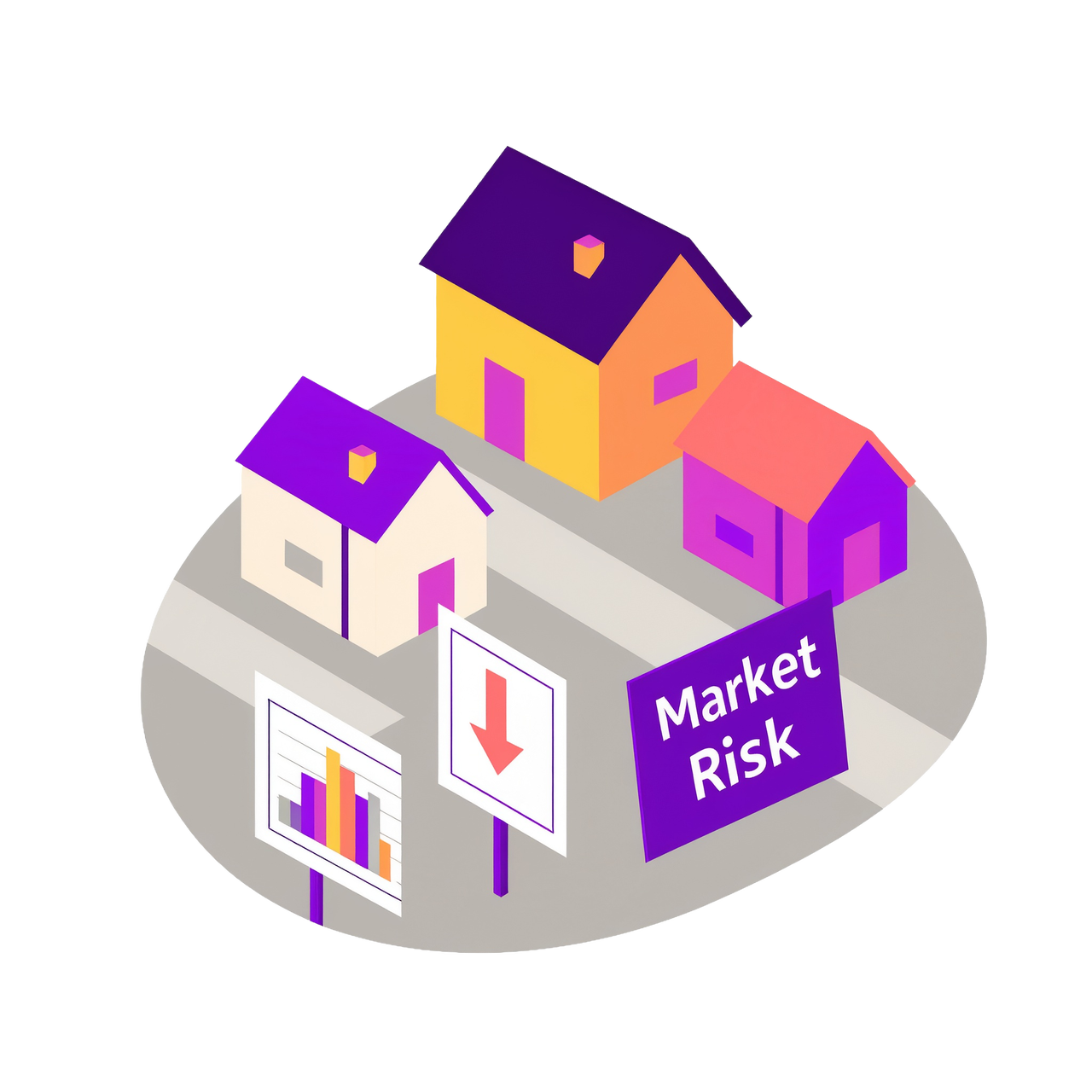 An illustration of a neighborhood with a sign that reads "Market Risk" in front of a house with a chart showing loss.
