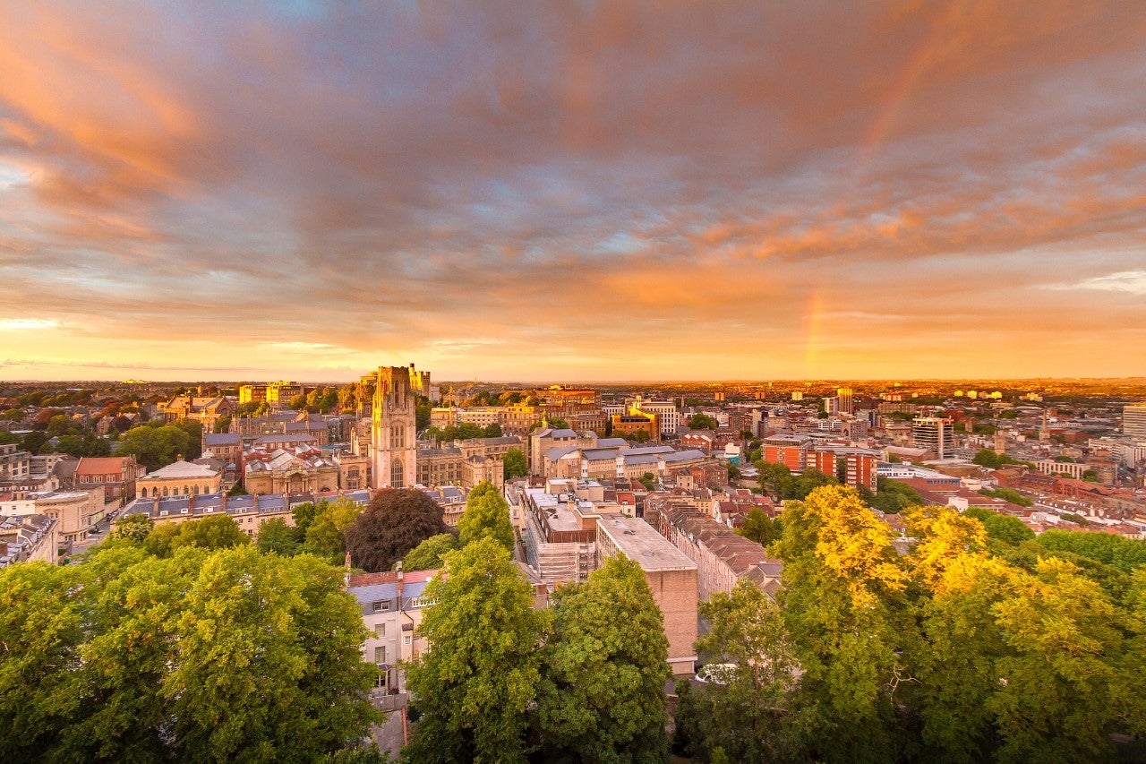Aerial picture of the city of Bristol in the UK at sunset.