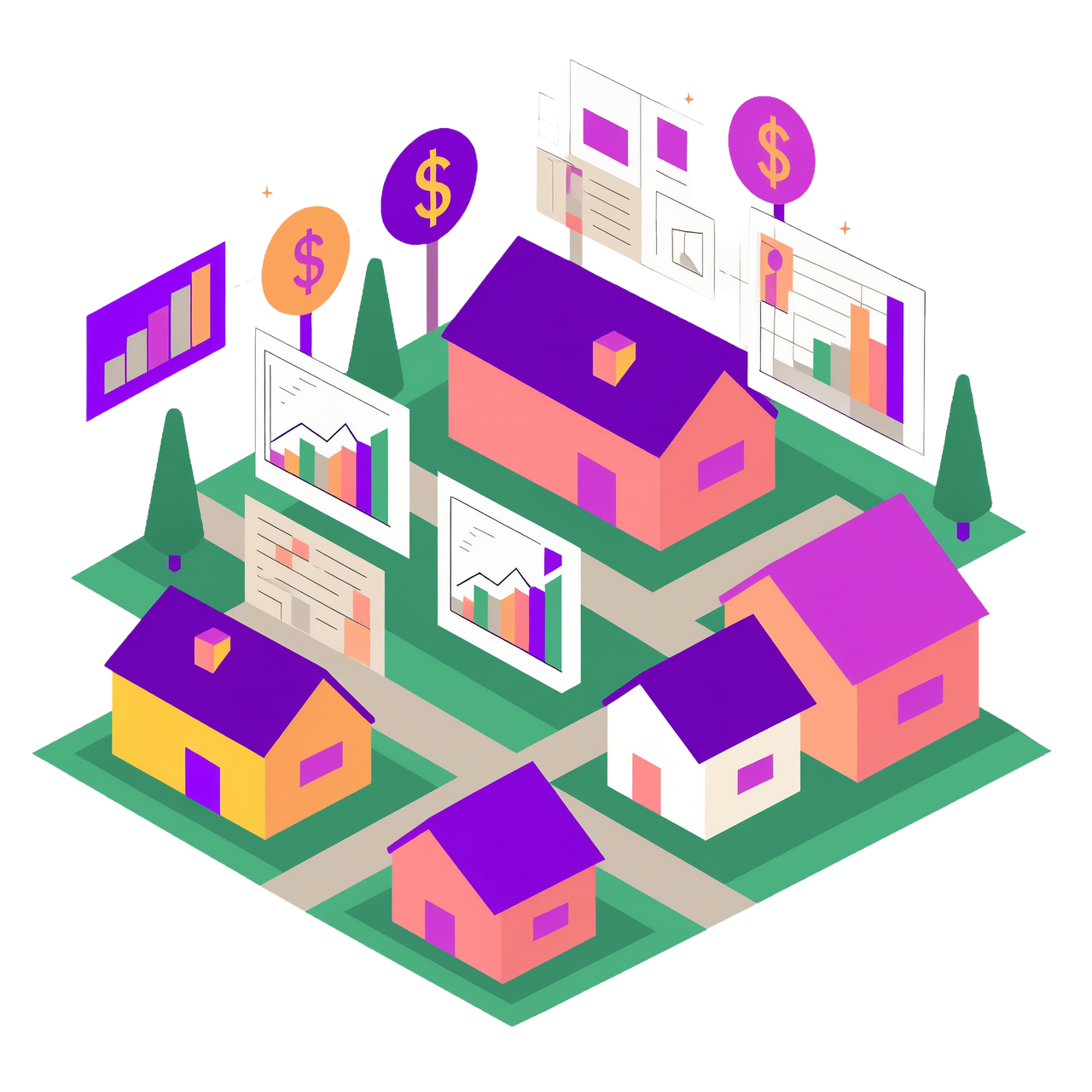 An illustration of a neighborhood with houses having dollar signs and pricing graphs displayed.