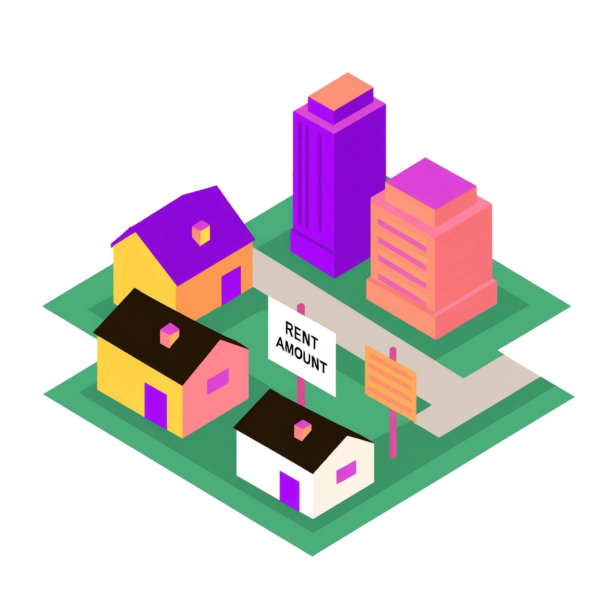 An illustration of a neighborhood and apartment buildings with a sign that reads "Rent Amount" in front of a house.