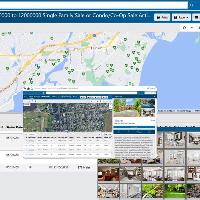 A real estate listing interface, likely from a Multiple Listing Service (MLS) system, displaying property information, map location, and interior photos.