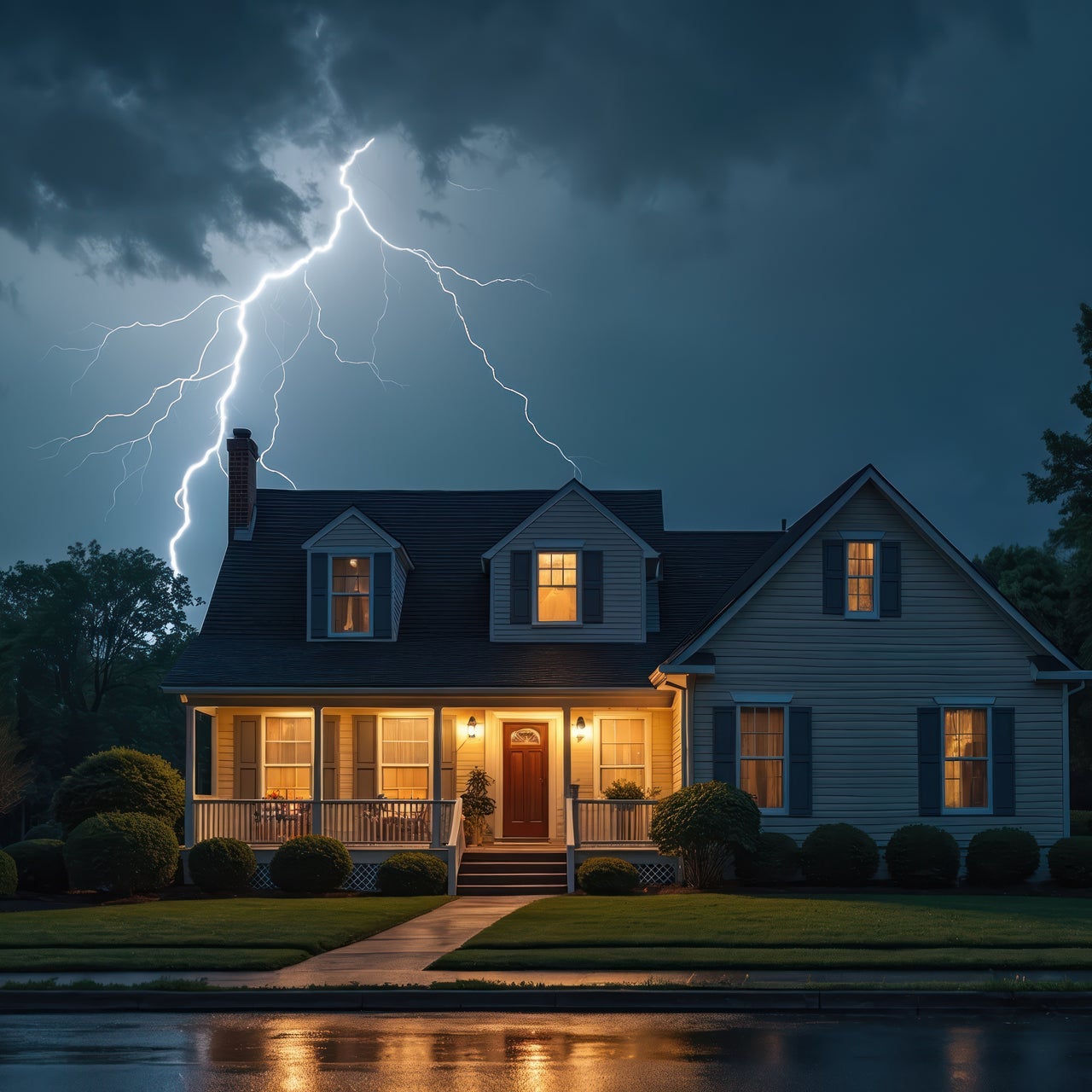 Powerful lightning strikes over suburban home at night during heavy rainstorm. Dramatic sky with dark clouds. Wet street reflects house lights.