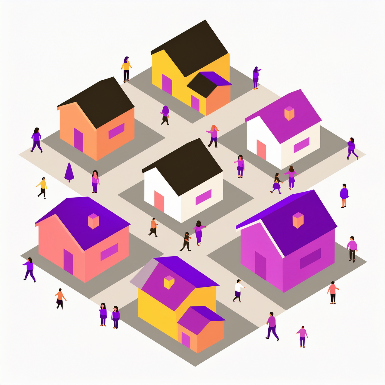 Illustration of a neighborhood with diverse people walking around on the streets indicating different demographics.