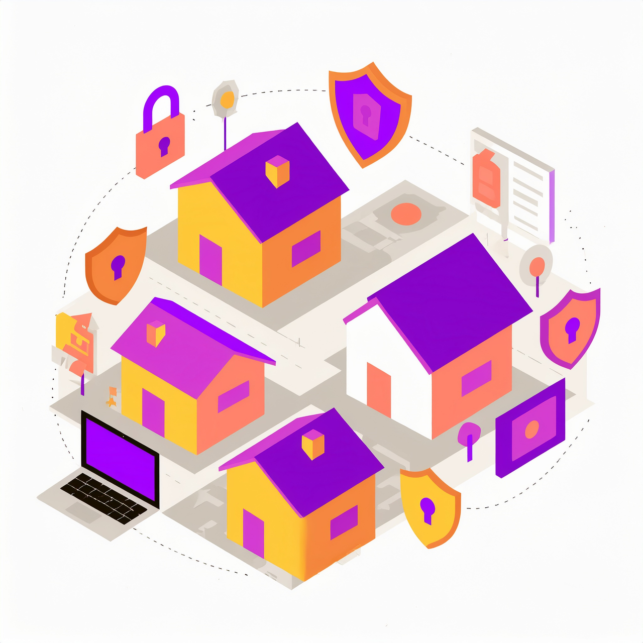 Illustration of a neighborhood with a laptop and shield icons and locks showing neighborhood crime data.