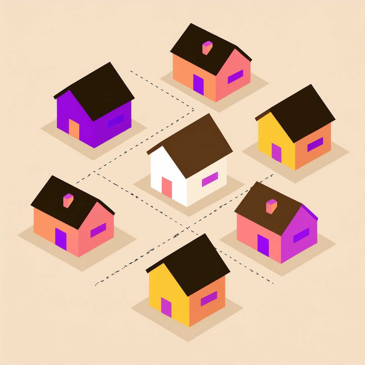 An illustration of a neighborhood with dotted lines around each house indicating parcel data.