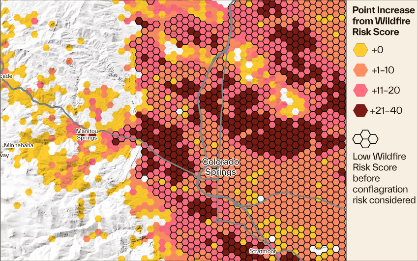 map of Wildfire Risk Score when conflagration is included near Colorado Springs, Colorado 