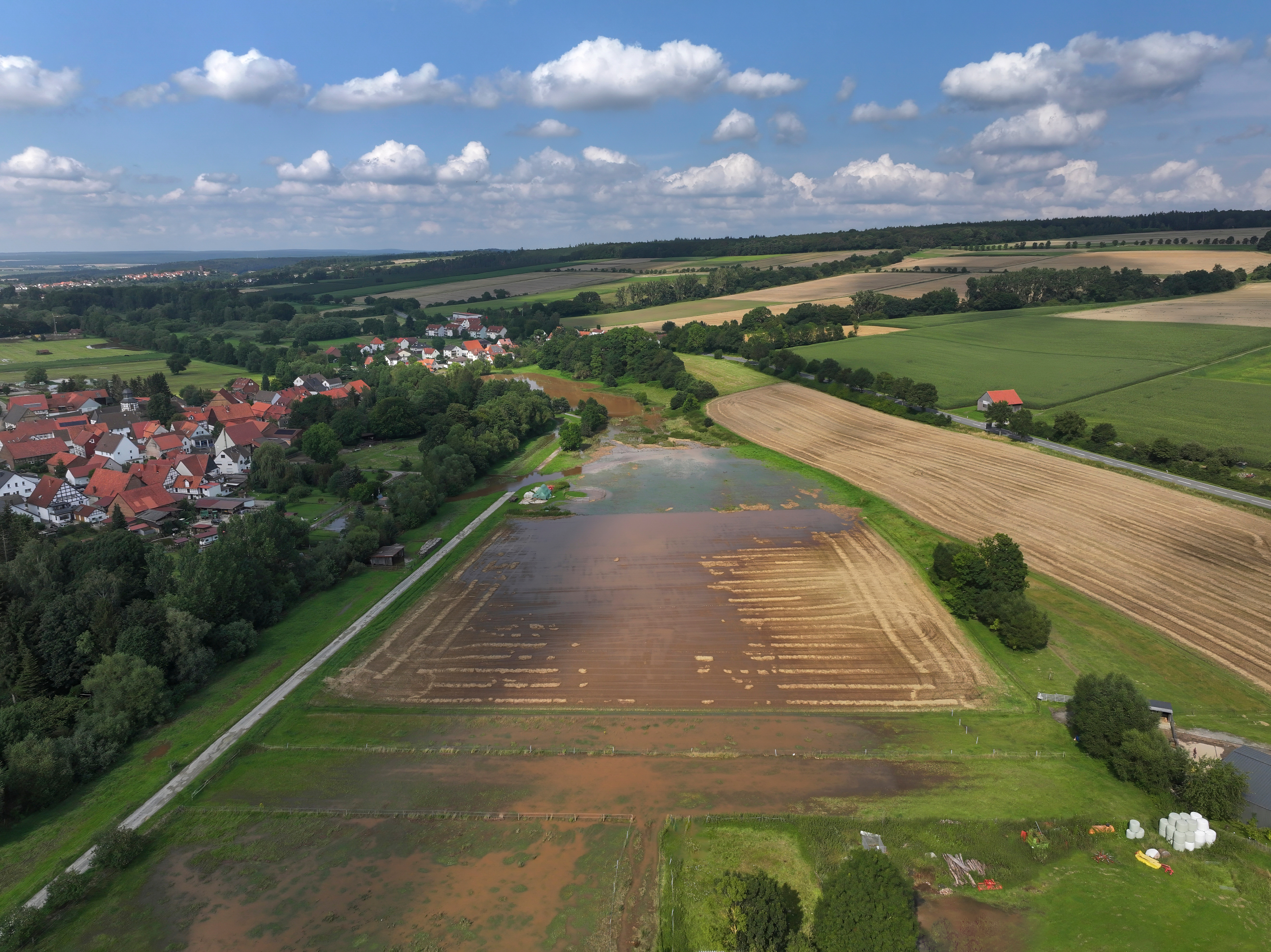Aerial view of a flooded farm