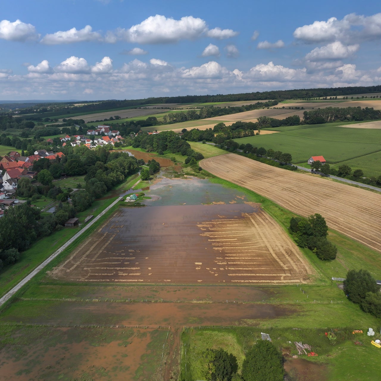 Aerial view of a flooded farm