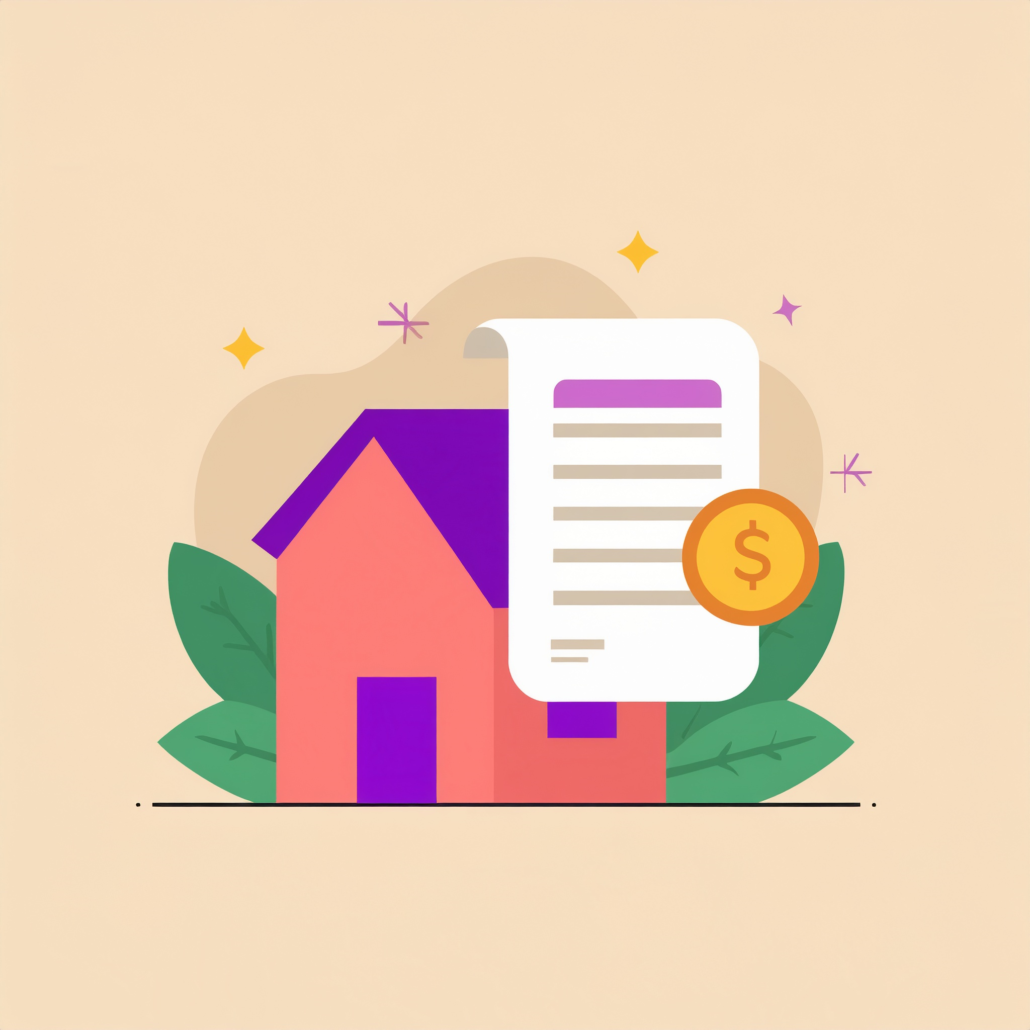 An illustration of a house with a document in front that has a dollar sign on it indicating loan release.