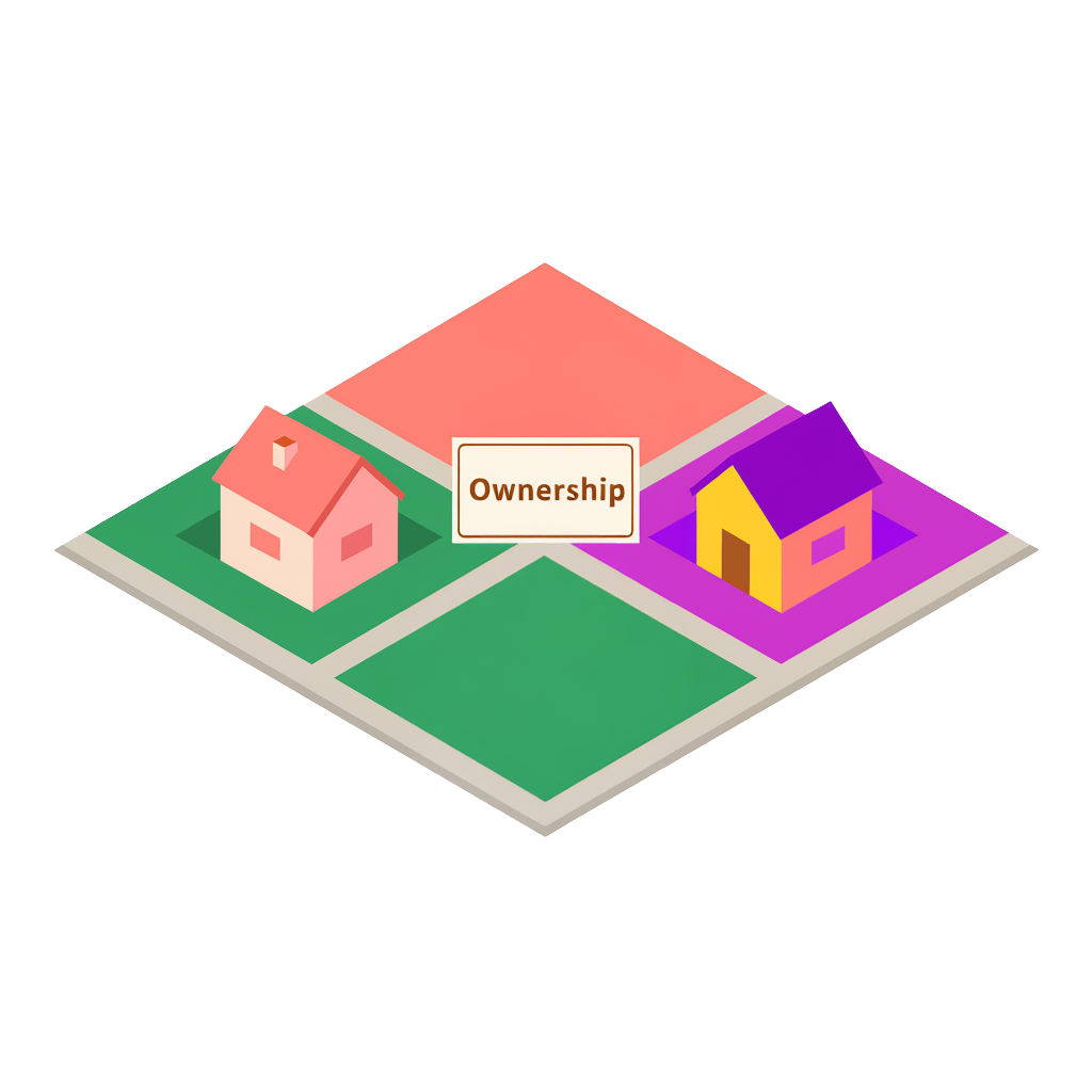 An illustration of four parcels of land and two houses with an Ownership sign in the middle of the parcels.