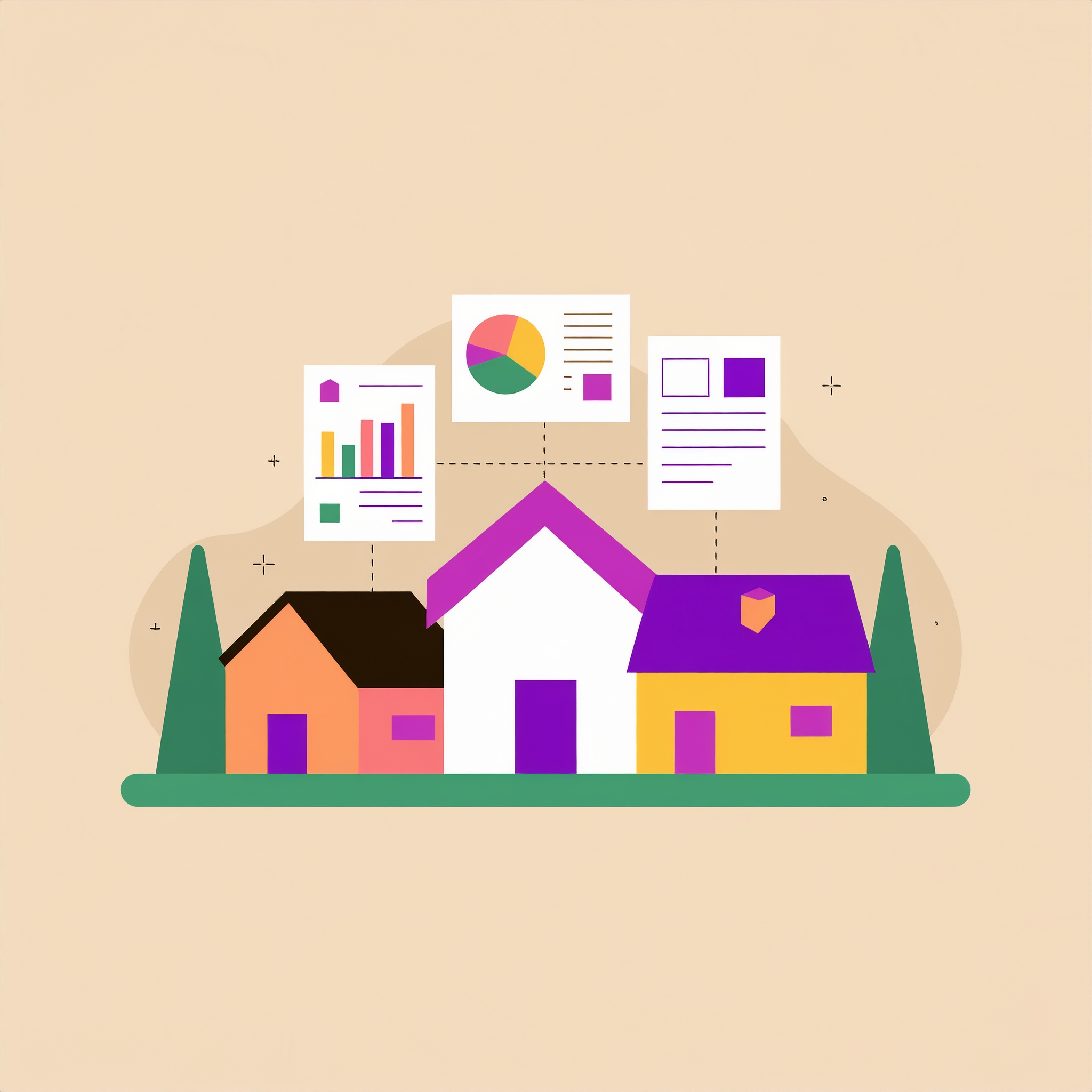An illustration of three houses that have charts and graphs above them indicating MLS listings.