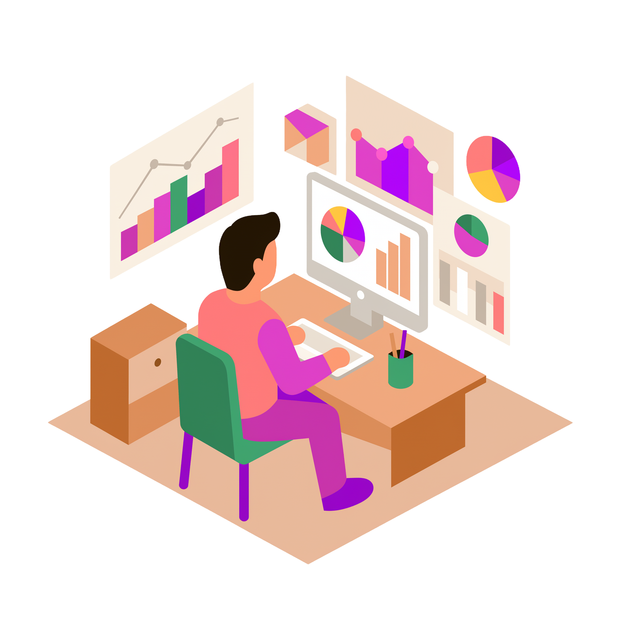 An illustration of a person at a desk with a computer that has charts and graphs on the screen.