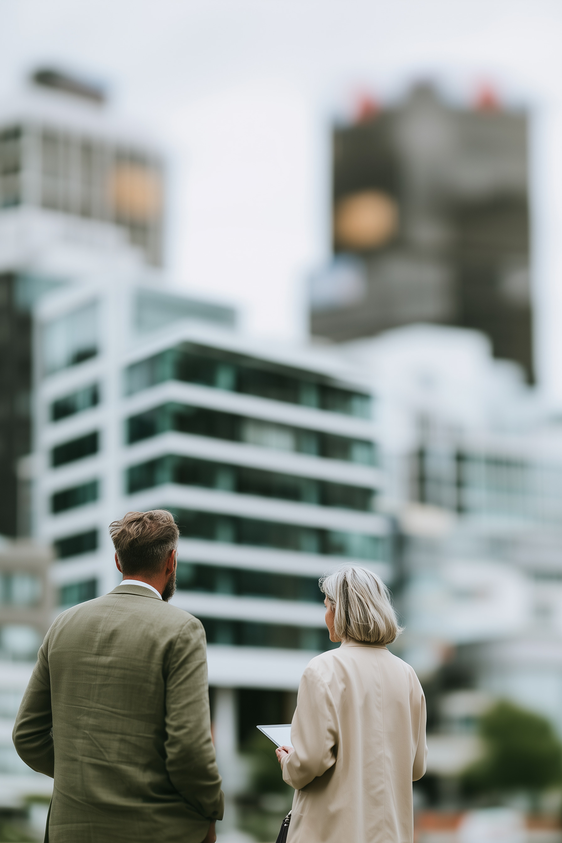 A man and woman in business attire standing outside in front of high-rise buildings