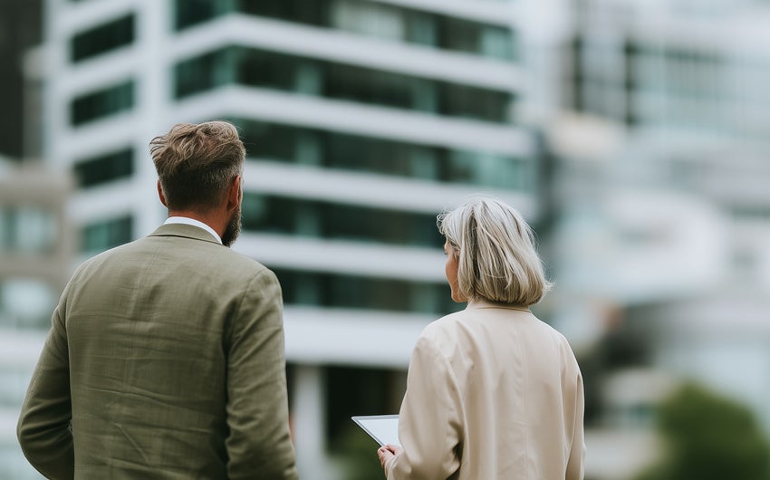 A man and woman in business attire standing outside in front of high-rise buildings