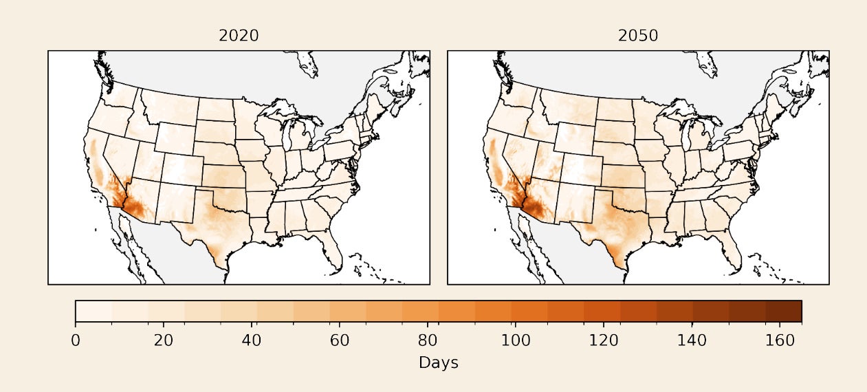 Map of the annual days over 100F in present and future