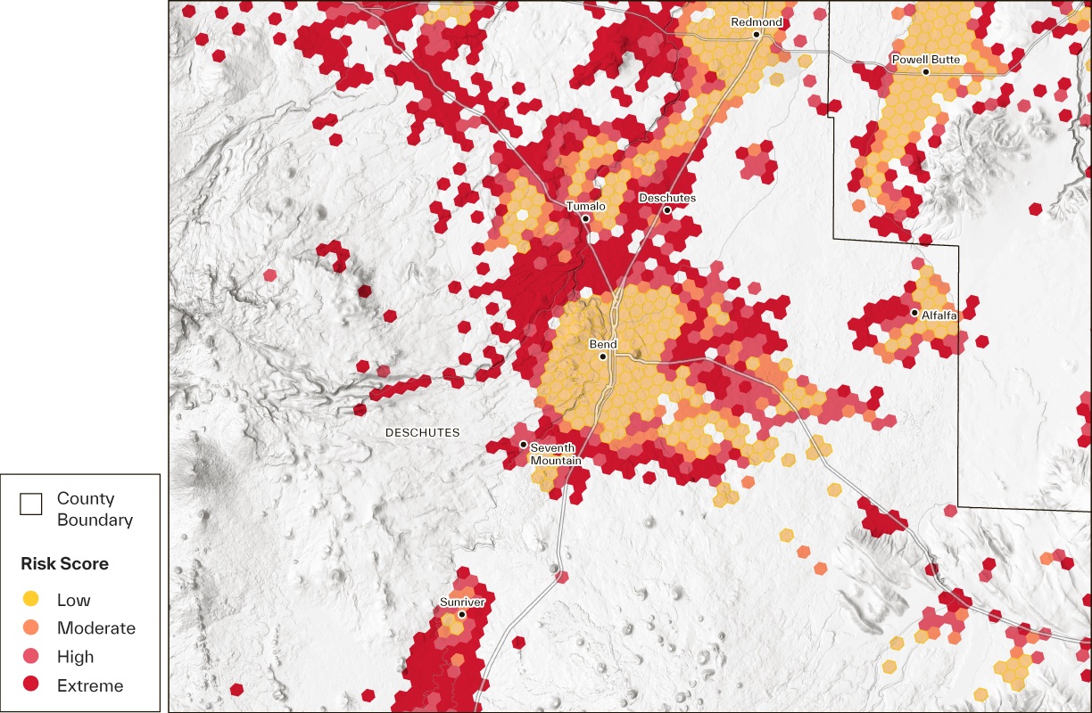 map of residential properties and their wildfire risk score in the Bend, Oregon Metropolitan Area 